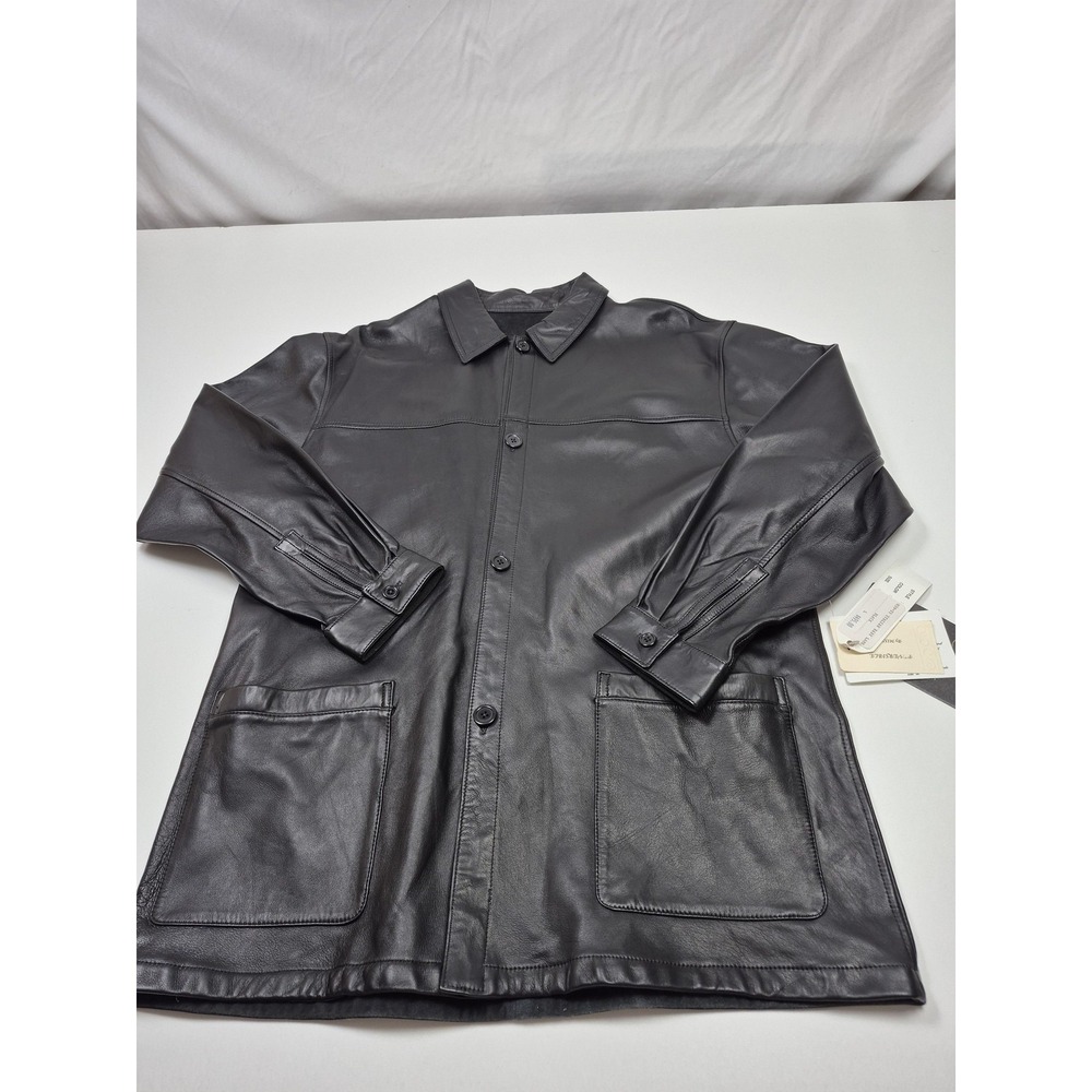Missani Le Collezioni Coat Mens L Black Leather Reversible Button Mid-Length